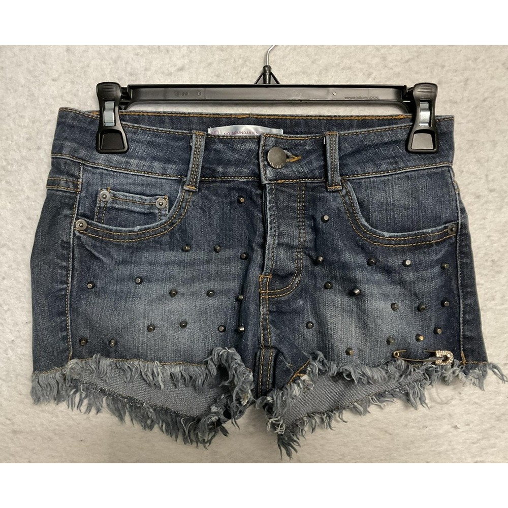 No Boundaries Shorts Juniors 3 Blue Denim Studded Rhinestone Cut Off Stretch